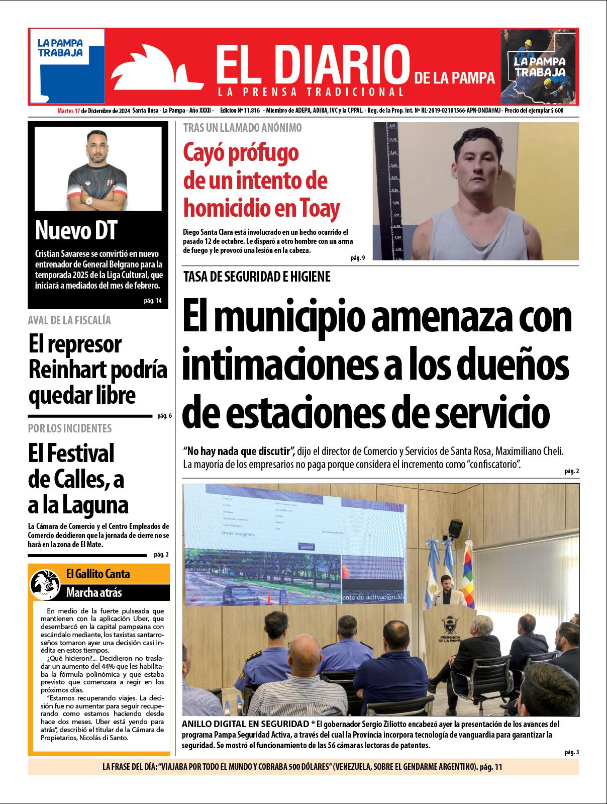 Tapa de El Diario en papel  martes 17 de diciembre de 2024